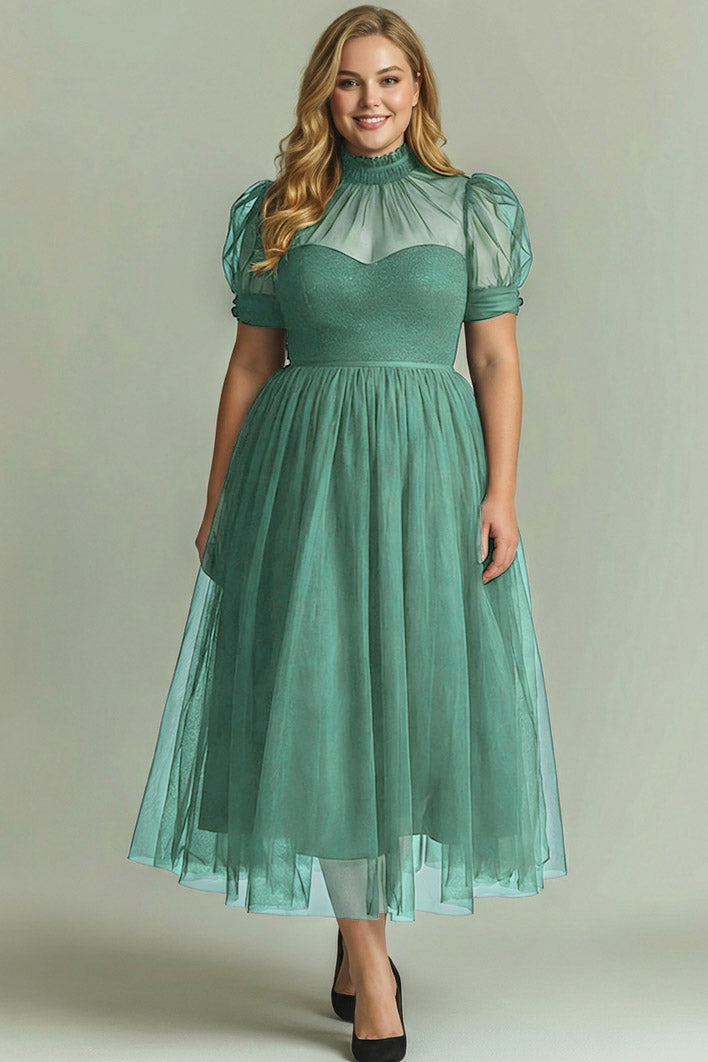 Dusty Blue A-Line High Neck Tulle Midi Formal Dress with Sleeves