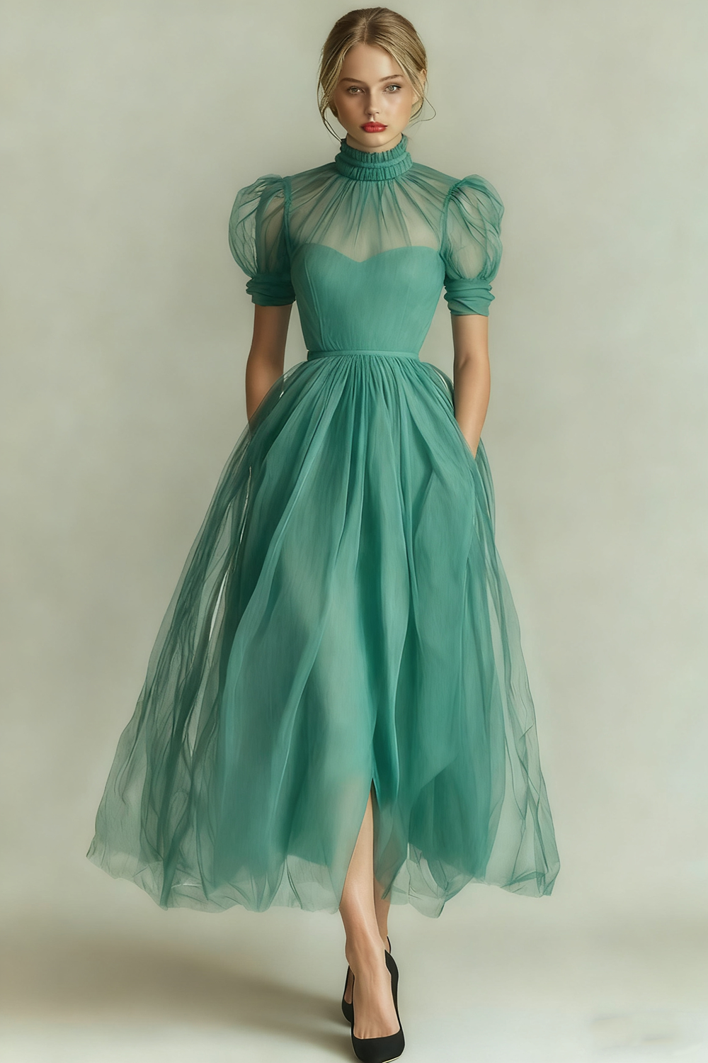 Dusty Blue A-Line High Neck Tulle Midi Formal Dress with Sleeves