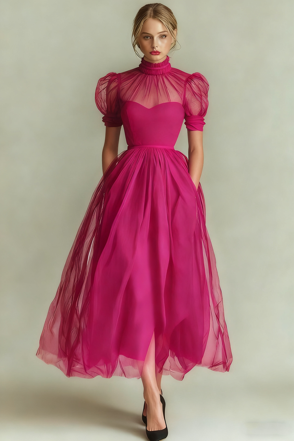 Dusty Blue A-Line High Neck Tulle Midi Formal Dress with Sleeves