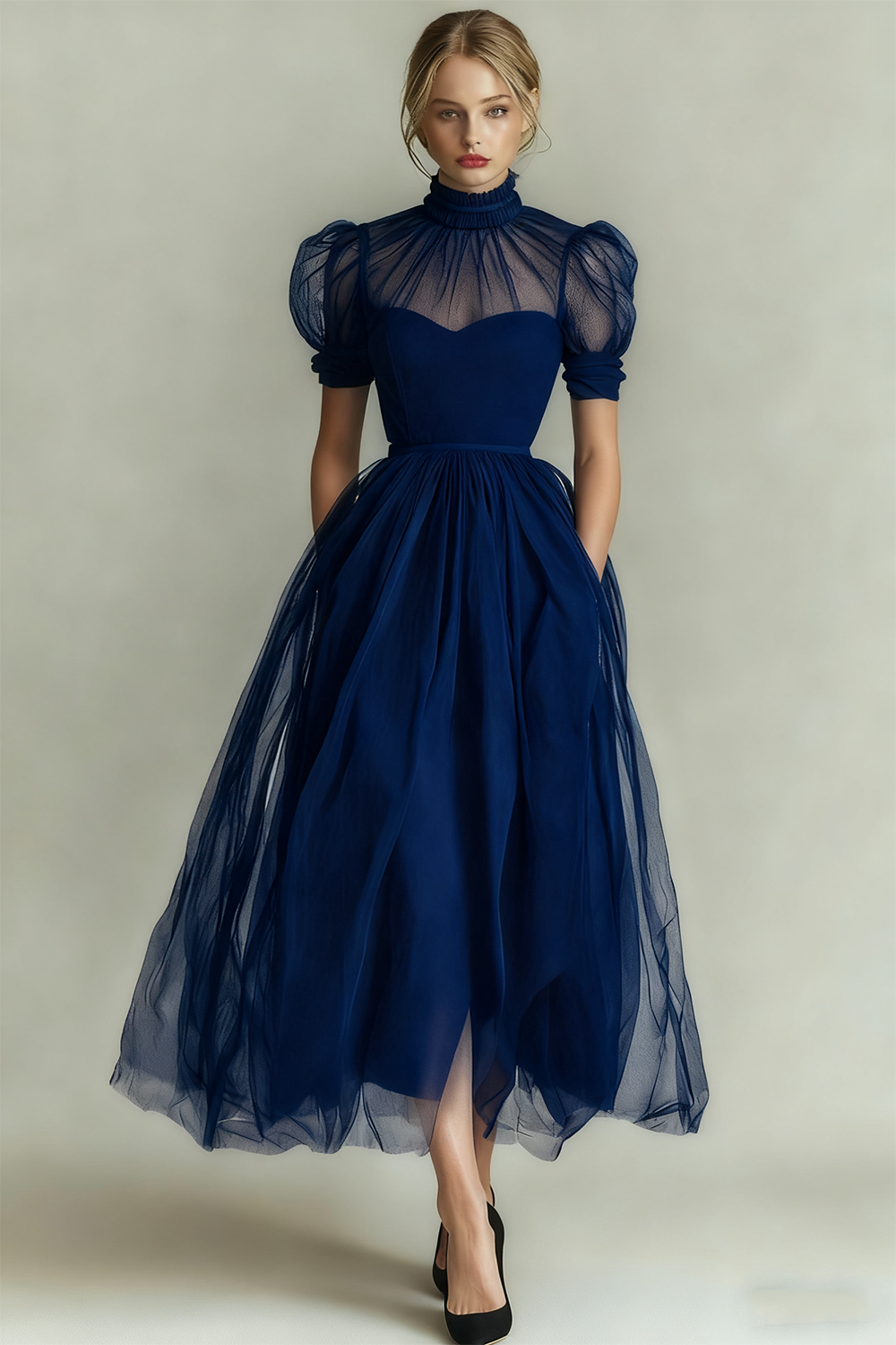 Dusty Blue A-Line High Neck Tulle Midi Formal Dress with Sleeves