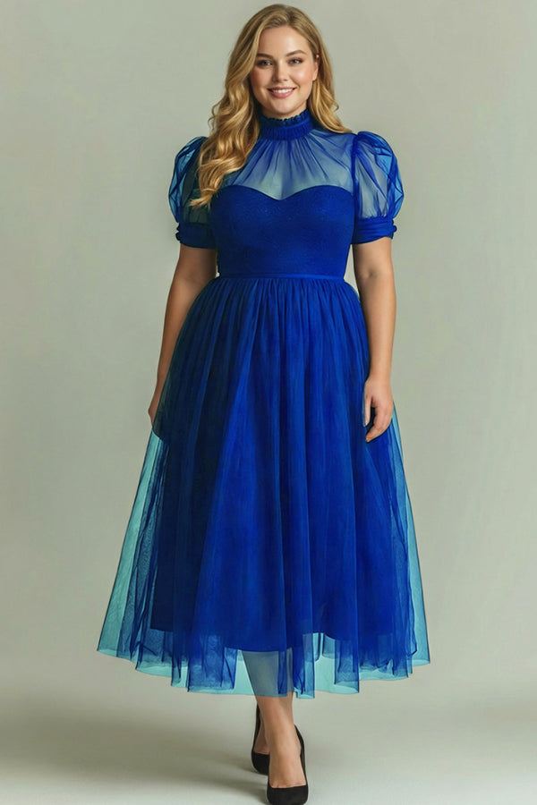 Dusty Blue A-Line High Neck Tulle Midi Formal Dress with Sleeves