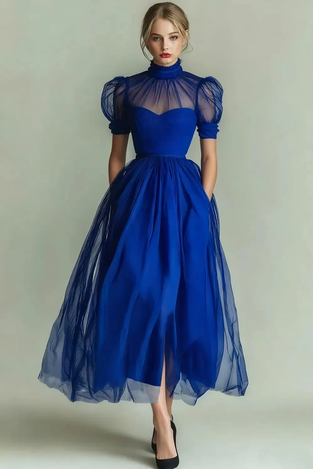 Dusty Blue A-Line High Neck Tulle Midi Formal Dress with Sleeves