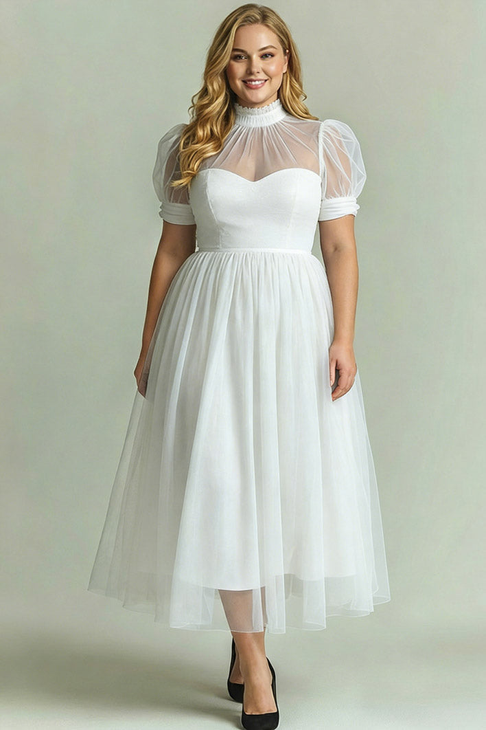 Dusty Blue A-Line High Neck Tulle Midi Formal Dress with Sleeves