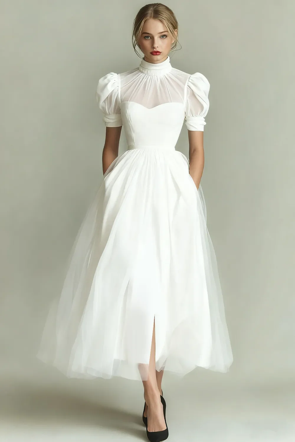 Dusty Blue A-Line High Neck Tulle Midi Formal Dress with Sleeves