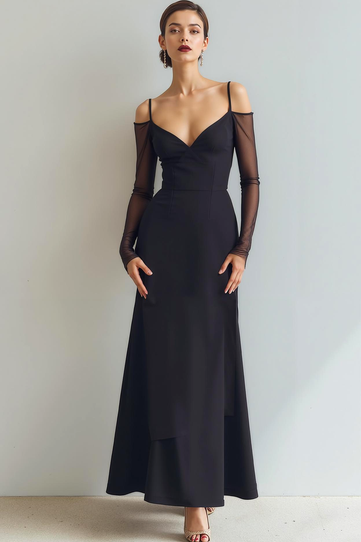 Black Sheath Cold Shoulder Long Formal Dress with Sleeves