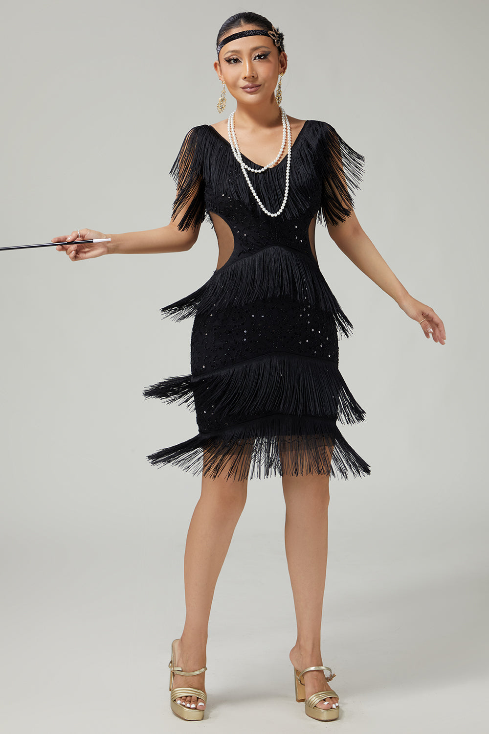 V-Neck Black Tiered Fringed Cut-Out 1920s Dress With Sequins