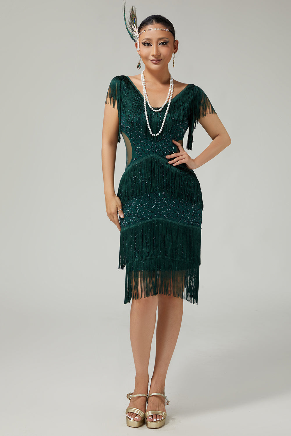 V-Neck Black Tiered Fringed Cut-Out 1920s Dress With Sequins