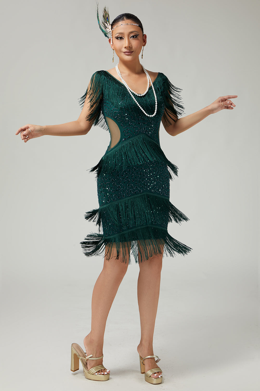 V-Neck Black Tiered Fringed Cut-Out 1920s Dress With Sequins