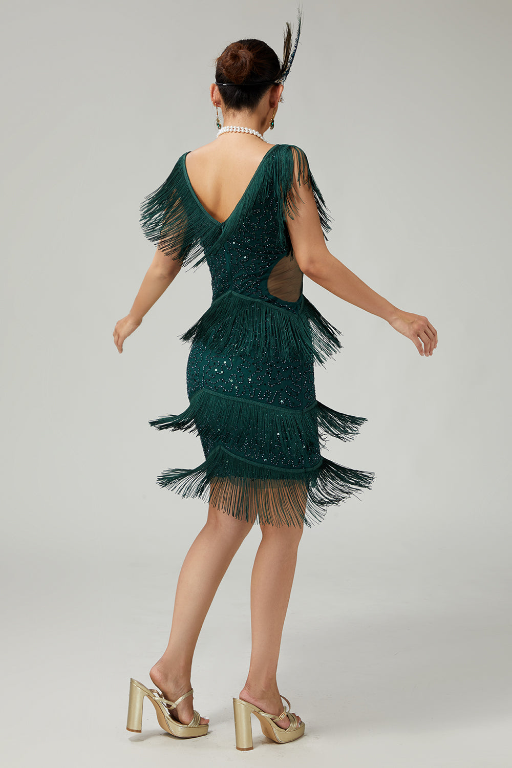V-Neck Black Tiered Fringed Cut-Out 1920s Dress With Sequins