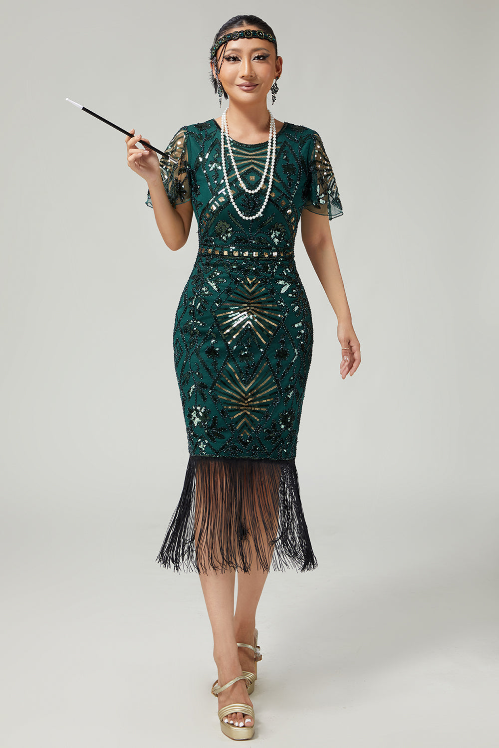 Robe crayon vert foncé scintillante style années 20 avec franges