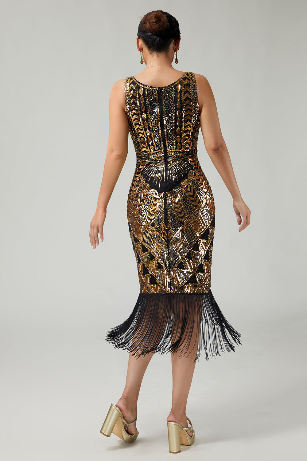 Black Golden Sequined 1920s Dress With Fringes