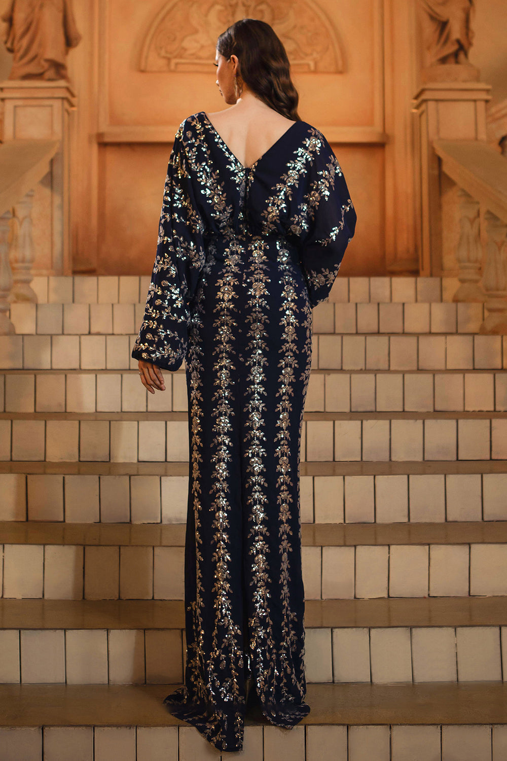 Sparkly Navy V-Neck Sheath Long Sleeve Formal Dress