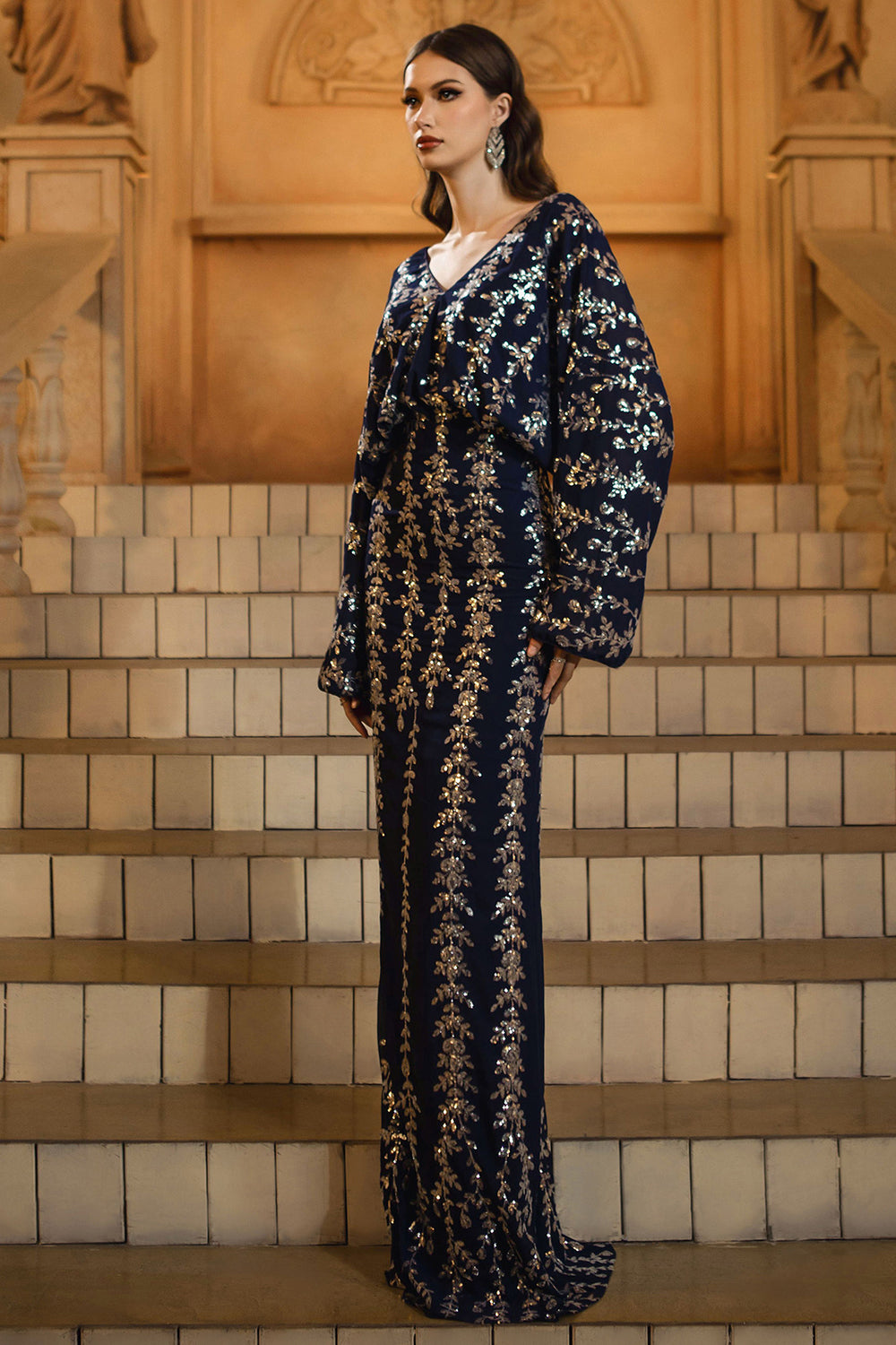 Sparkly Navy V-Neck Sheath Long Sleeve Formal Dress