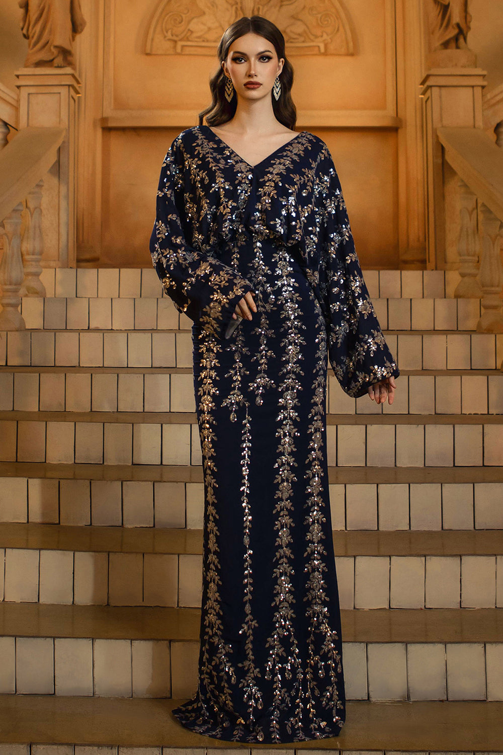 Sparkly Navy V-Neck Sheath Long Sleeve Formal Dress