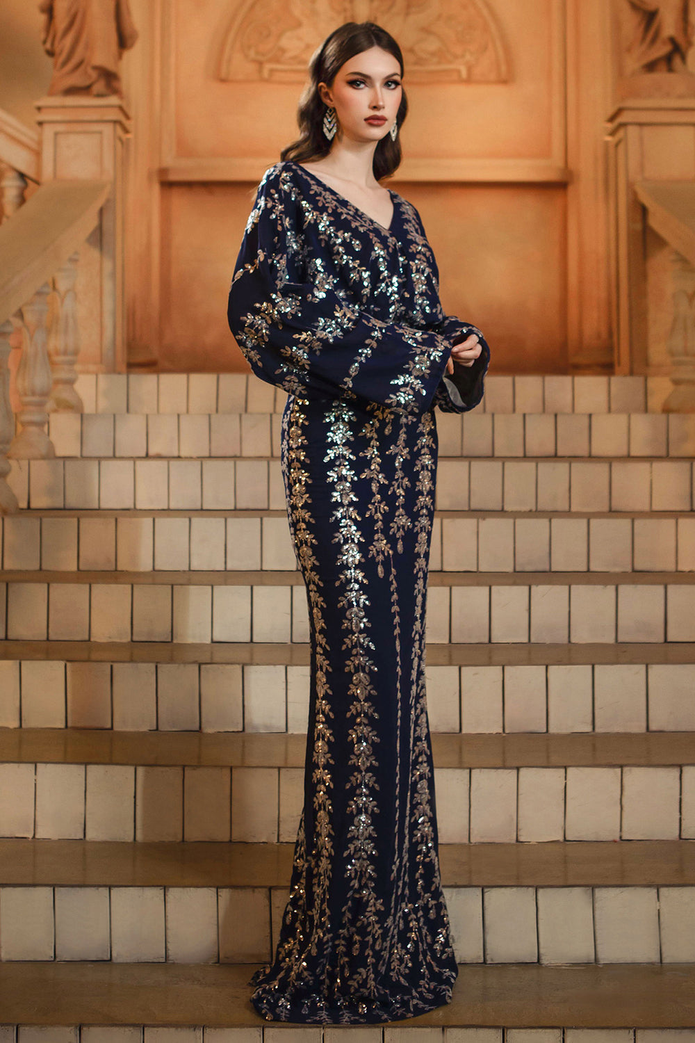 Sparkly Navy V-Neck Sheath Long Sleeve Formal Dress