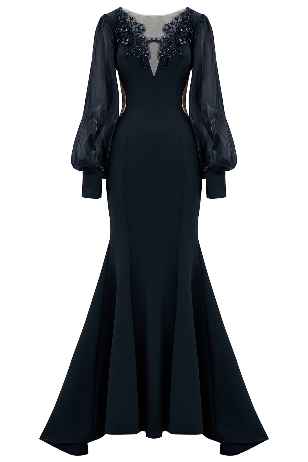 Robe de mère de la mariée sirène noire à manches longues avec appliqués