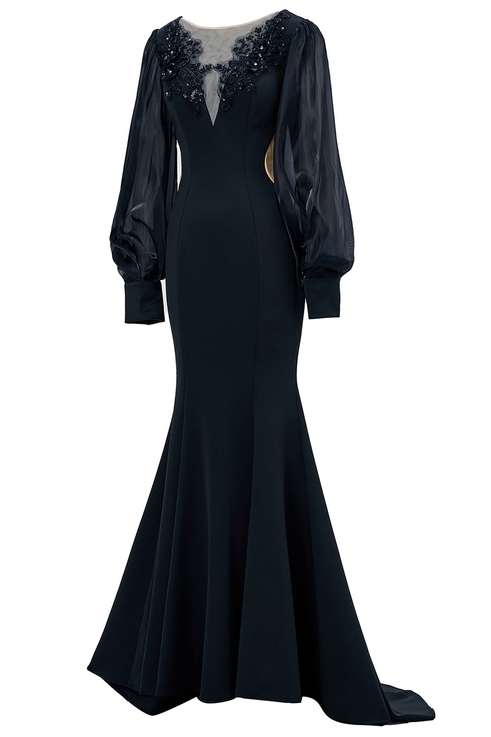 Robe de mère de la mariée sirène noire à manches longues avec appliqués