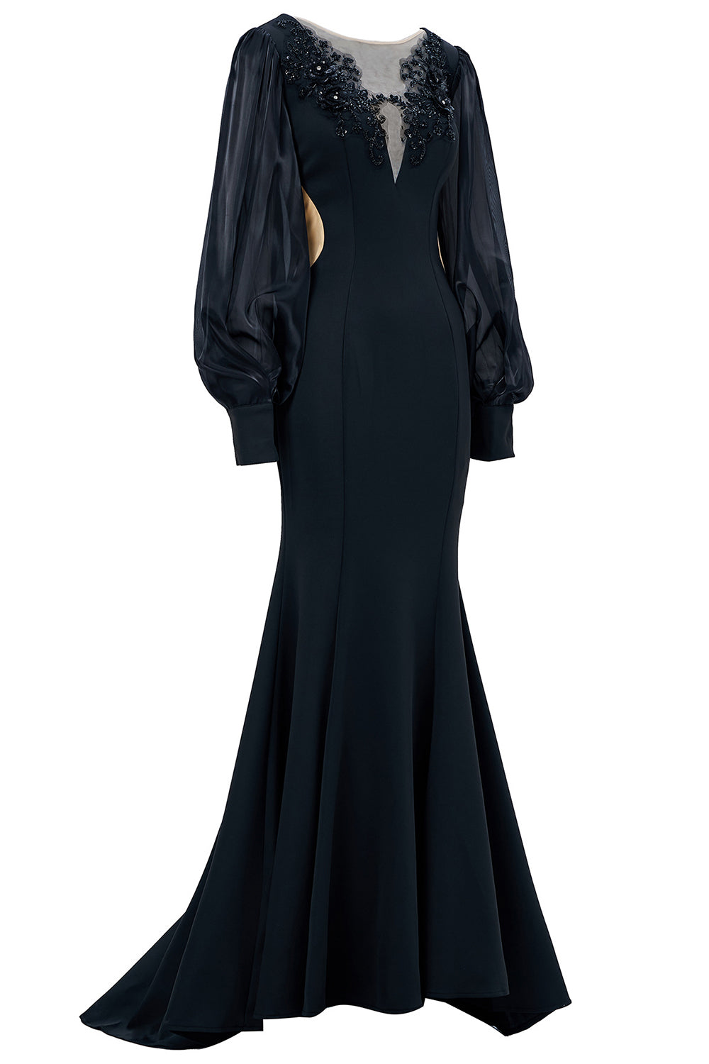Robe de mère de la mariée sirène noire à manches longues avec appliqués