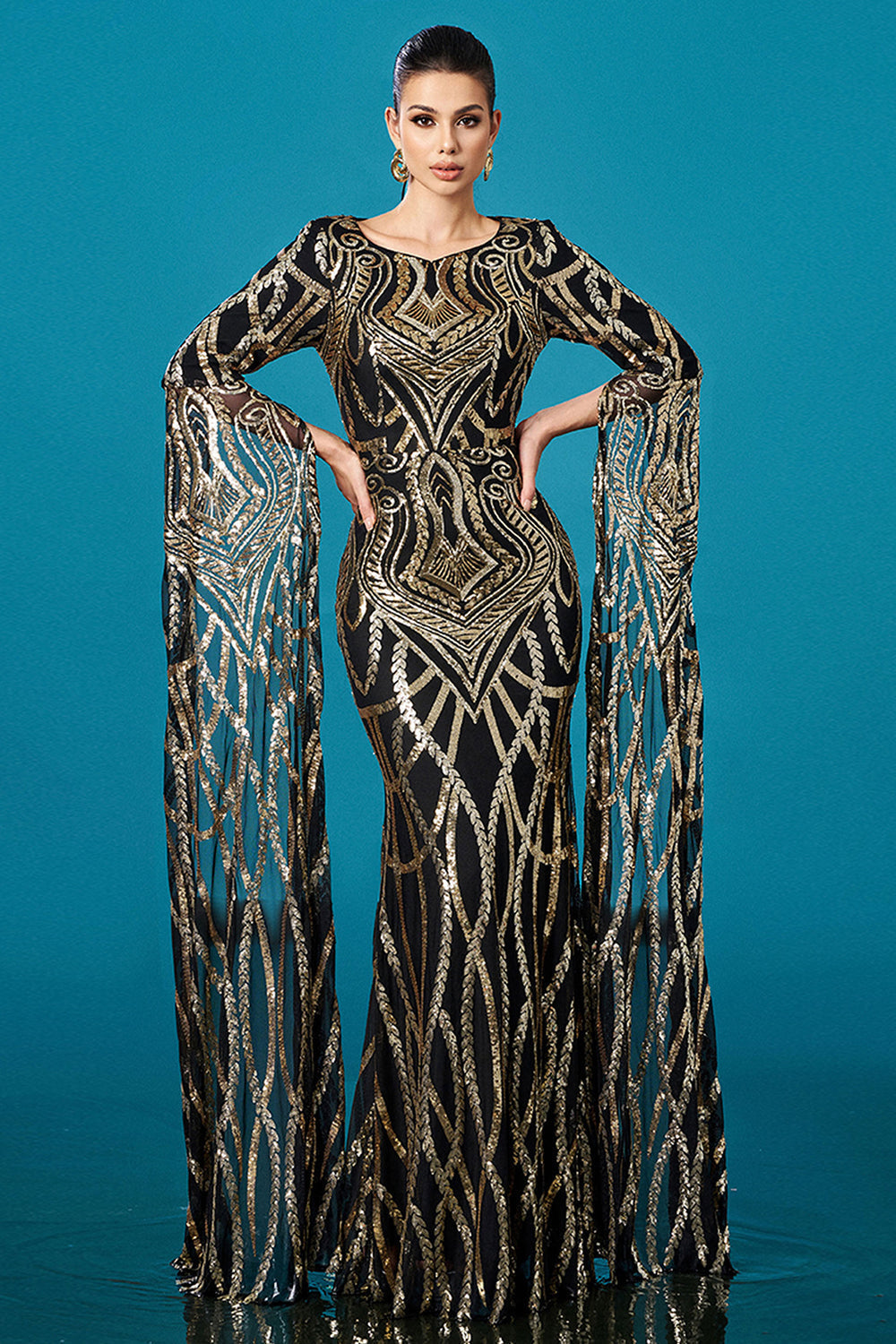 Black Golden Mermaid Long Sleeves Sequin Formal Dress