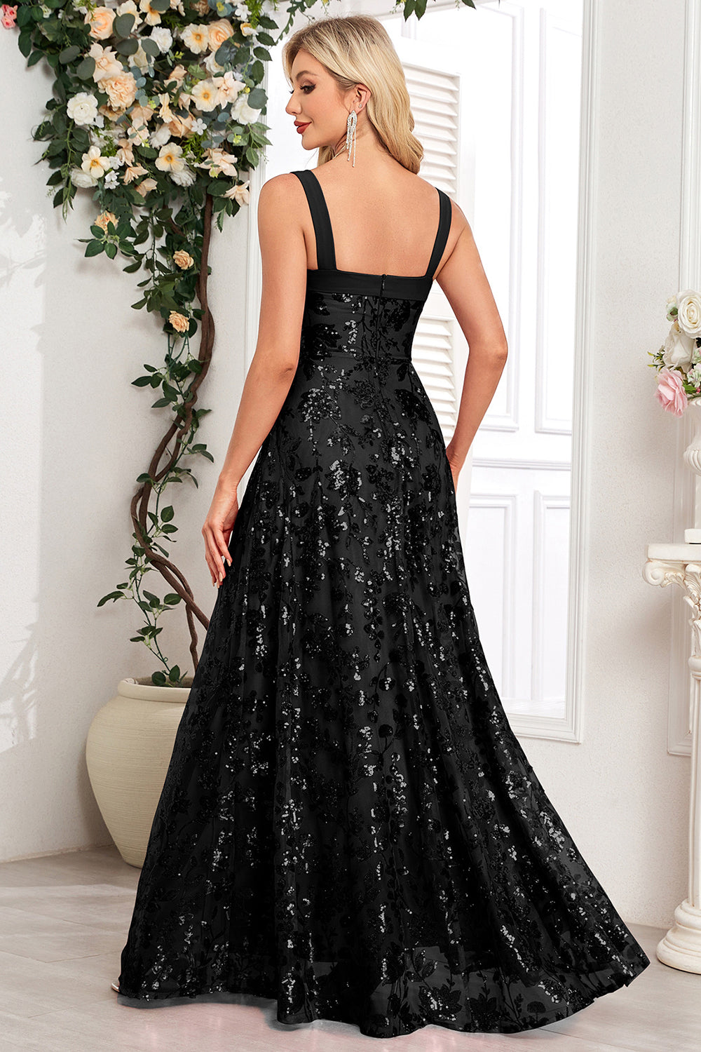 Blush A-Line Thick Straps Floral Long Prom Dress with Slit