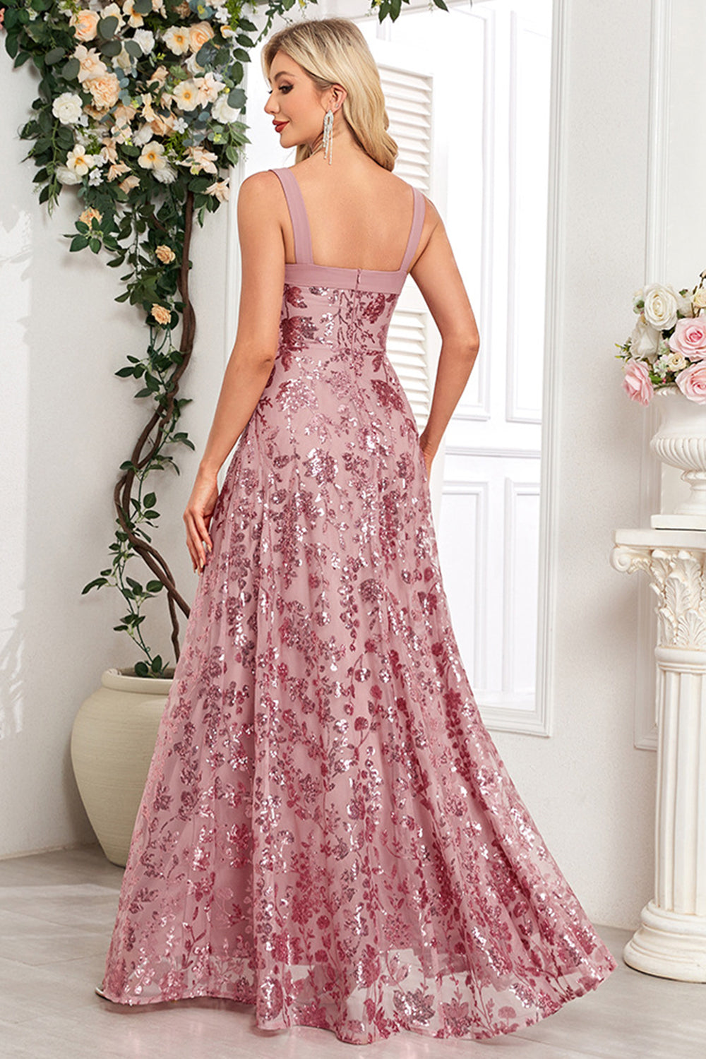 Blush A-Line Thick Straps Floral Long Prom Dress with Slit