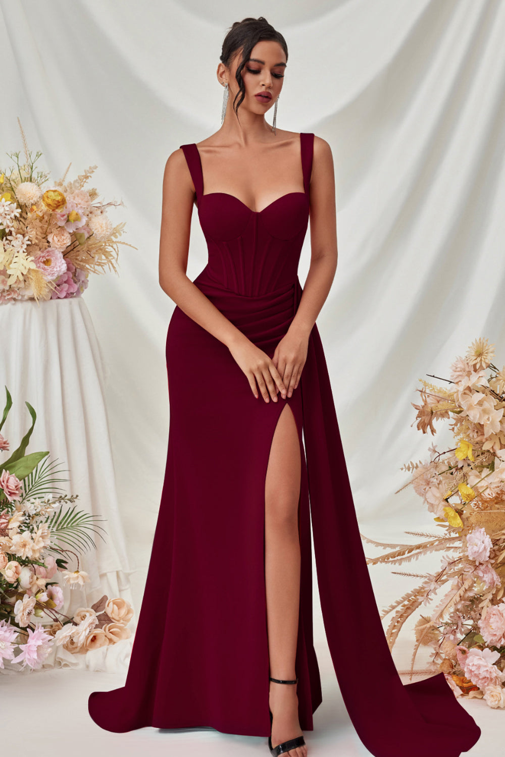 Maxi Thick Straps Mermaid Black Prom Dress with Slit