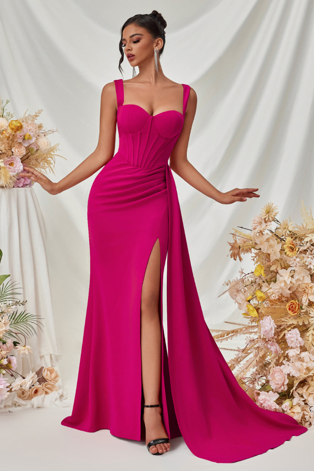Maxi Thick Straps Mermaid Black Prom Dress with Slit