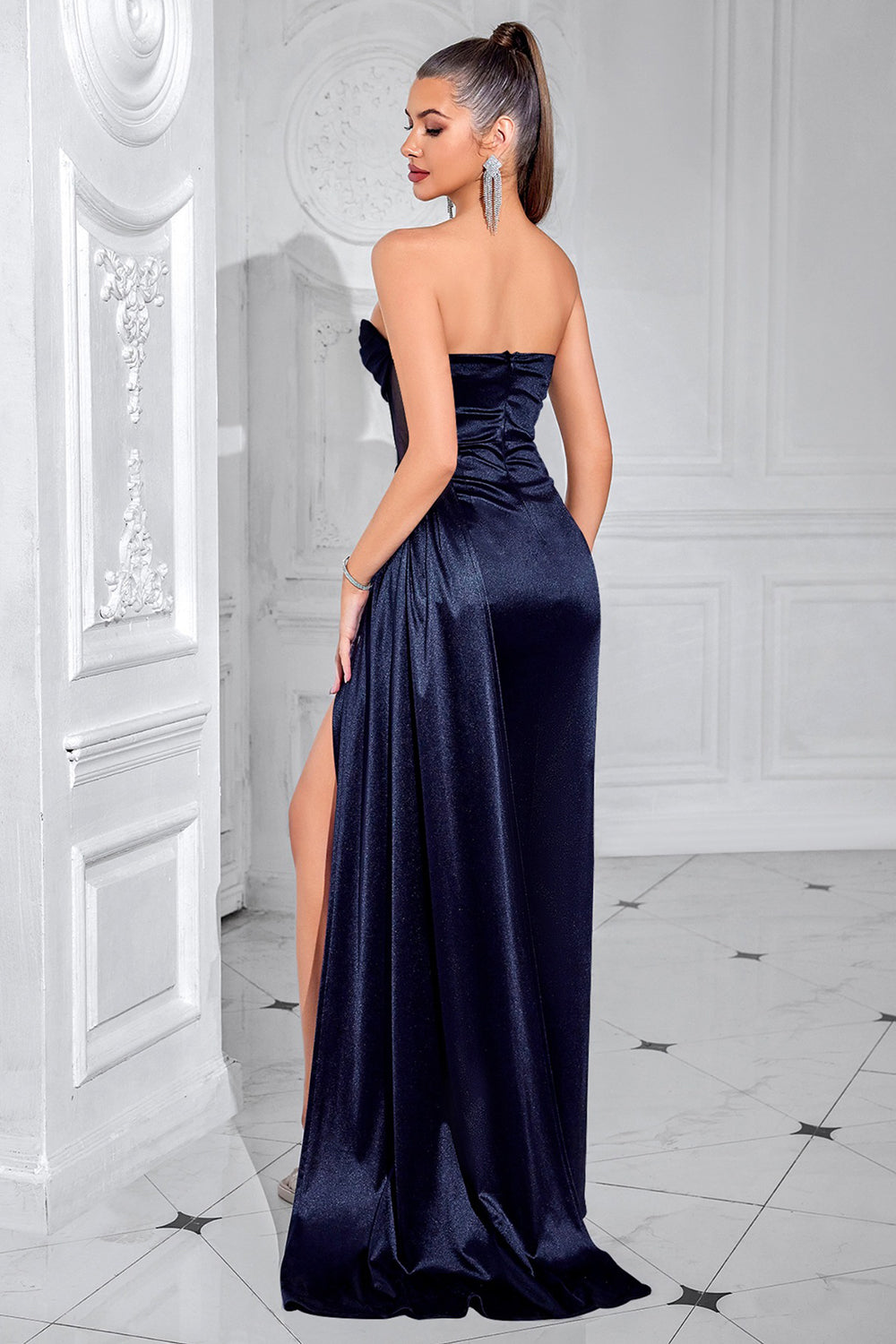 Navy Sheath Corset Satin Strapless Long Prom Dress with Slit