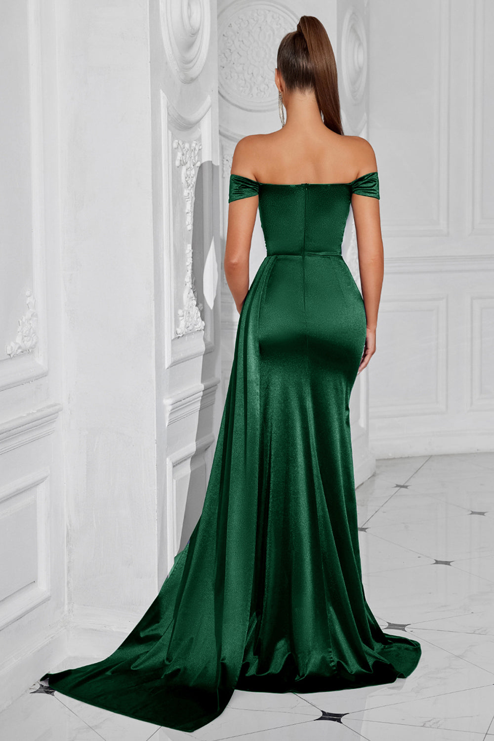 Robe de bal sirène vert foncé froncée à épaules dénudées et fente