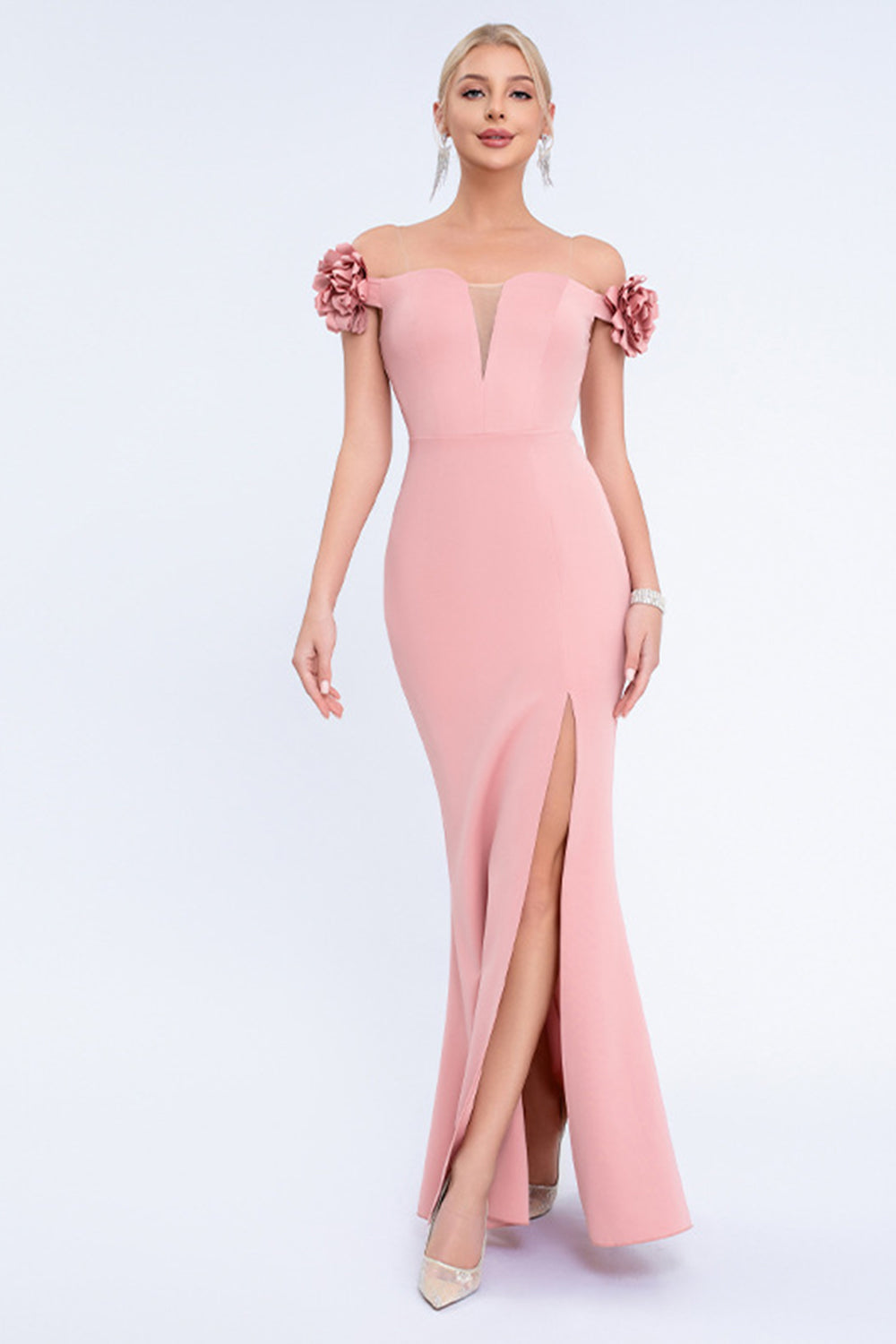 Blush Off the Shouder 3D Flower Sheath Prom Dress with Slit