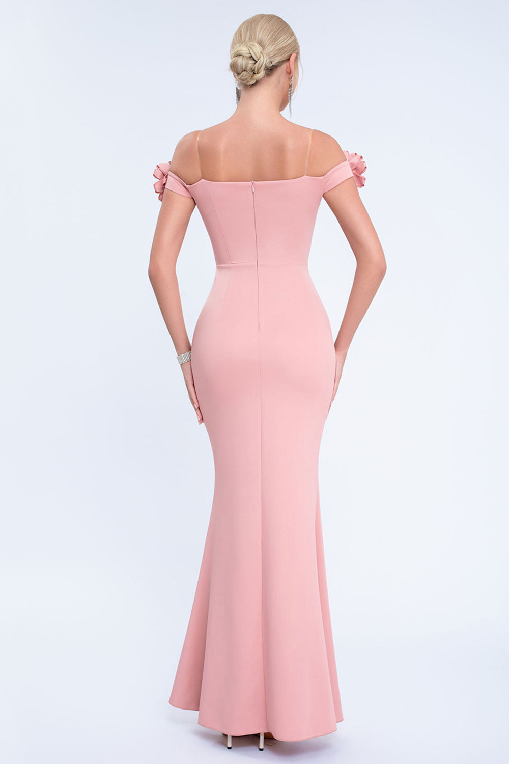 Blush Off the Shouder 3D Flower Sheath Prom Dress with Slit