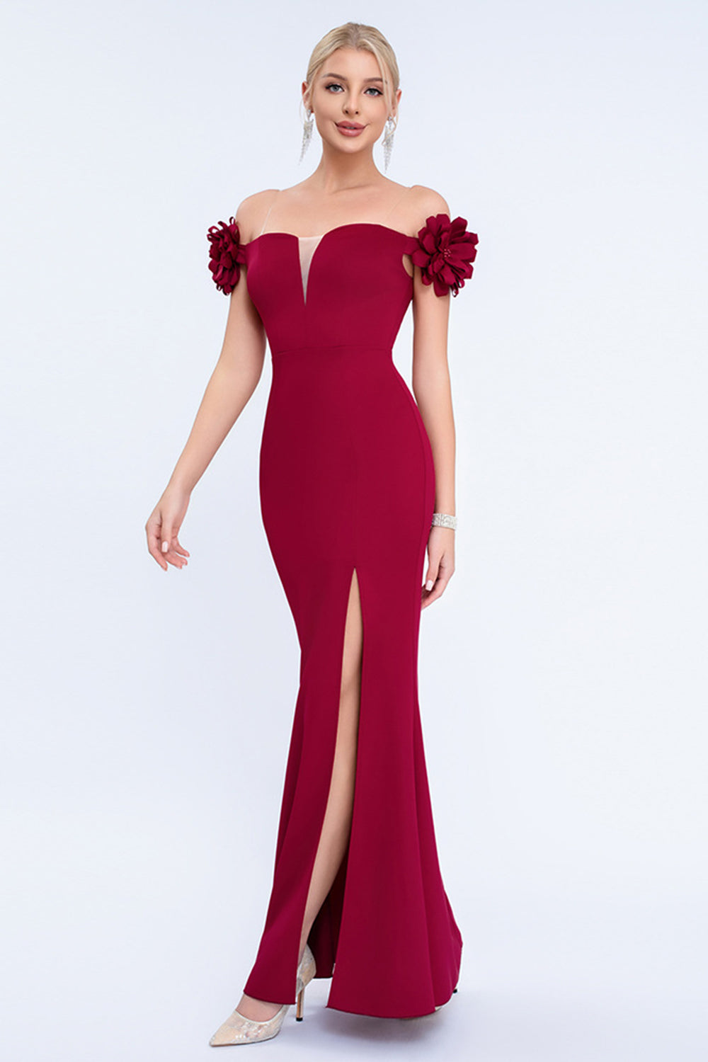 Blush Off the Shouder 3D Flower Sheath Prom Dress with Slit