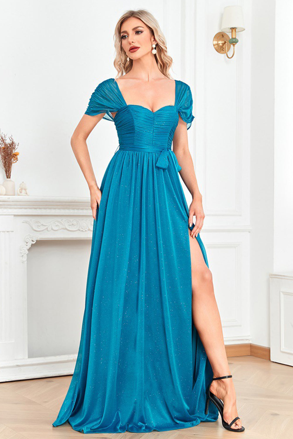 Blue Off the Shoulder A-Line Pleated Prom Dress with Slit