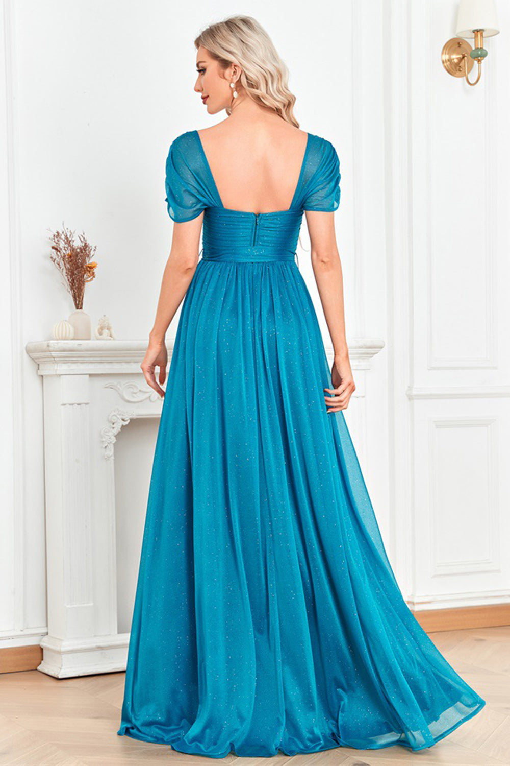 Blue Off the Shoulder A-Line Pleated Prom Dress with Slit