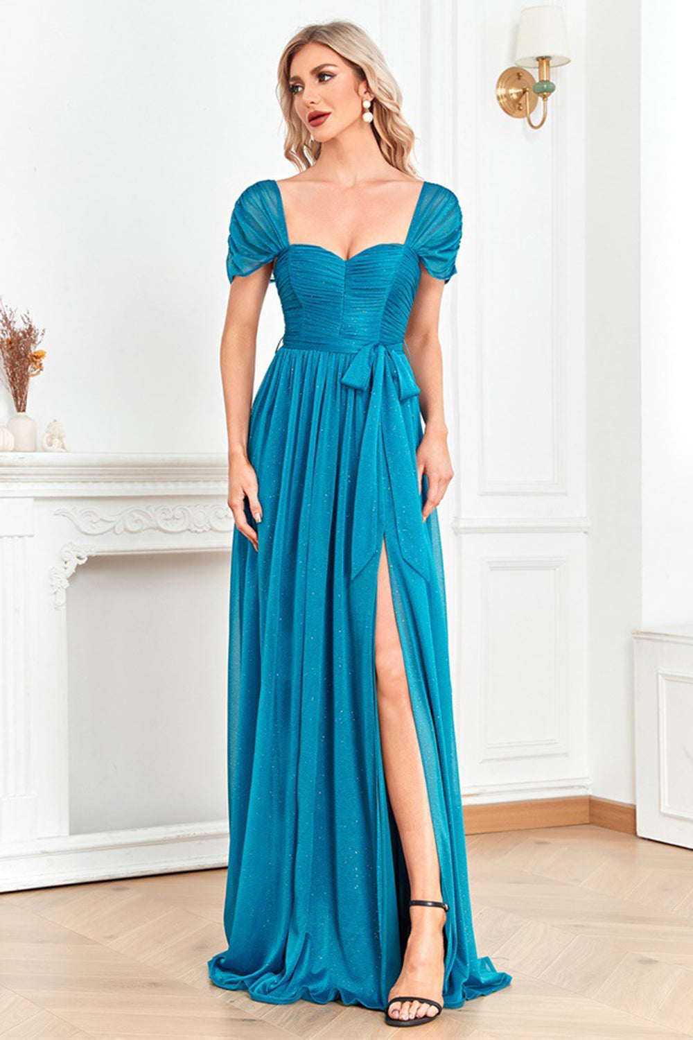 Blue Off the Shoulder A-Line Pleated Prom Dress with Slit