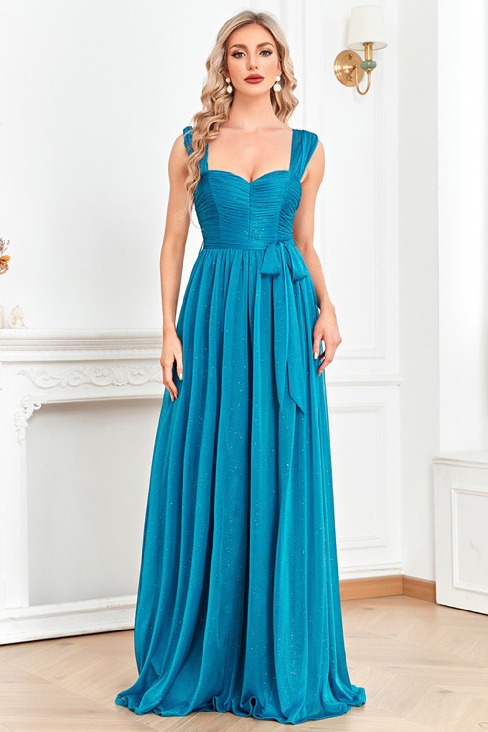 Blue Off the Shoulder A-Line Pleated Prom Dress with Slit