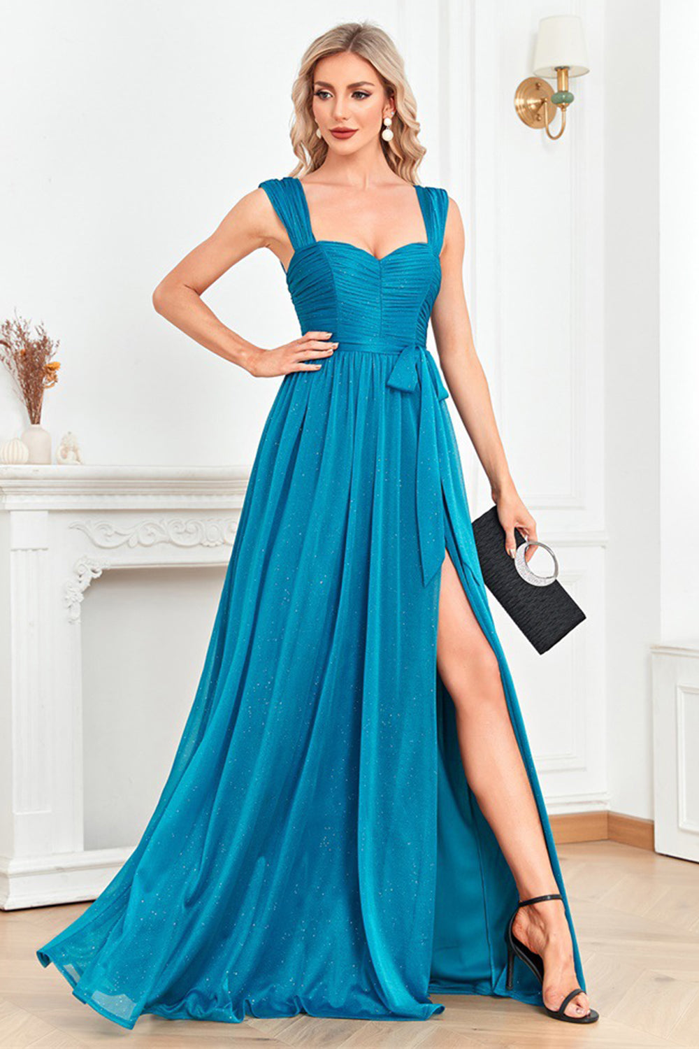 Blue Off the Shoulder A-Line Pleated Prom Dress with Slit