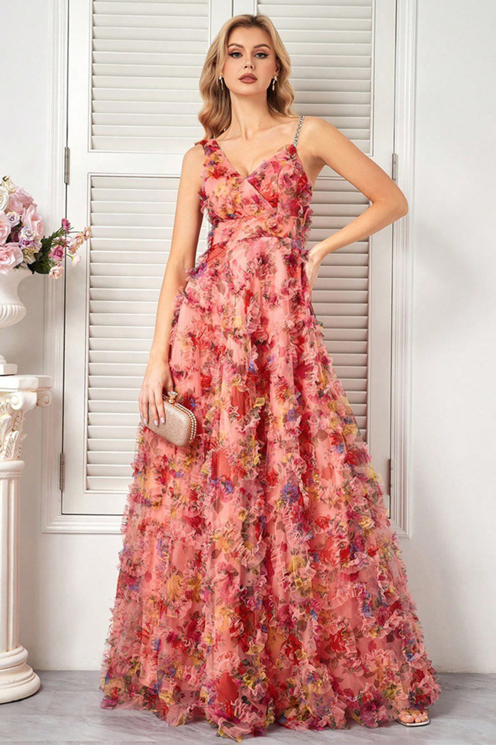Blush Flower A Line Spaghetti Straps Prom Dress