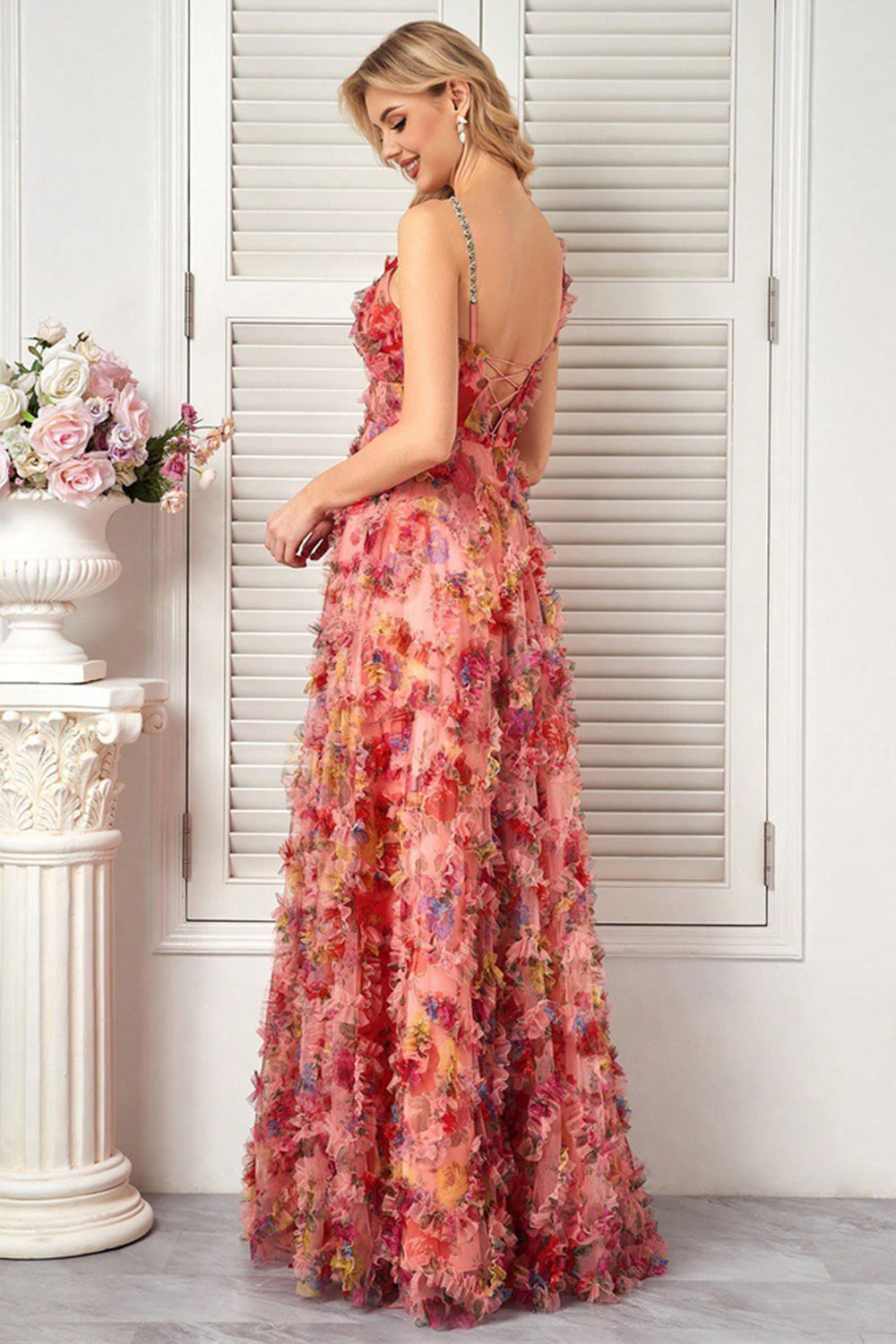 Blush Flower A Line Spaghetti Straps Prom Dress