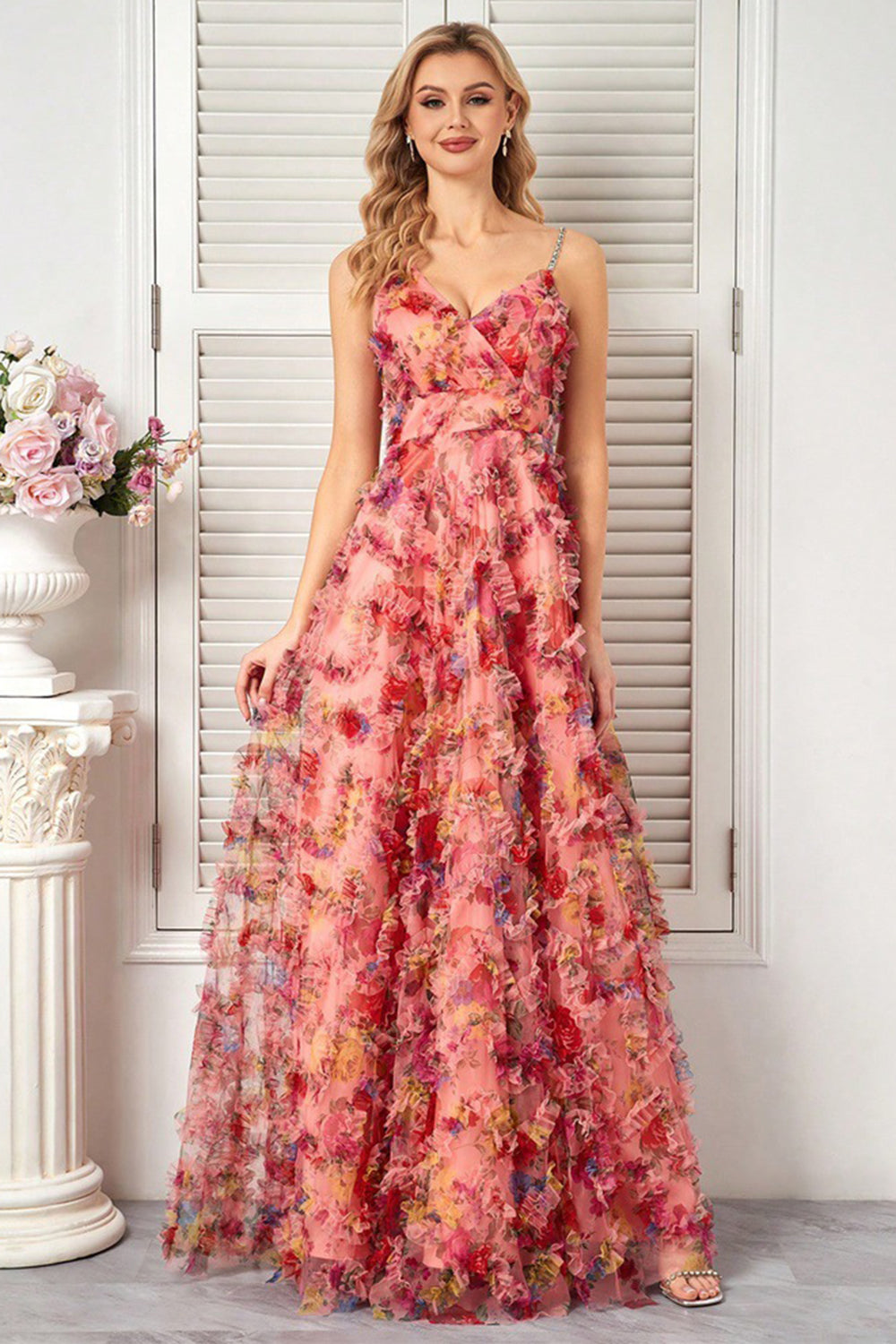 Blush Flower A Line Spaghetti Straps Prom Dress