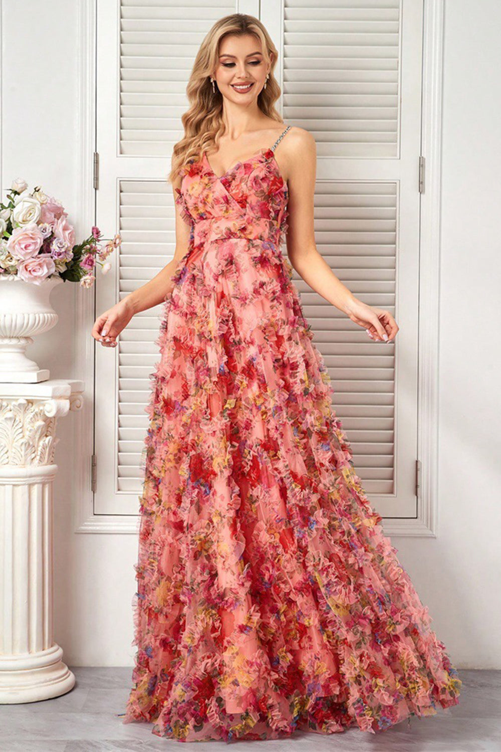 Blush Flower A Line Spaghetti Straps Prom Dress