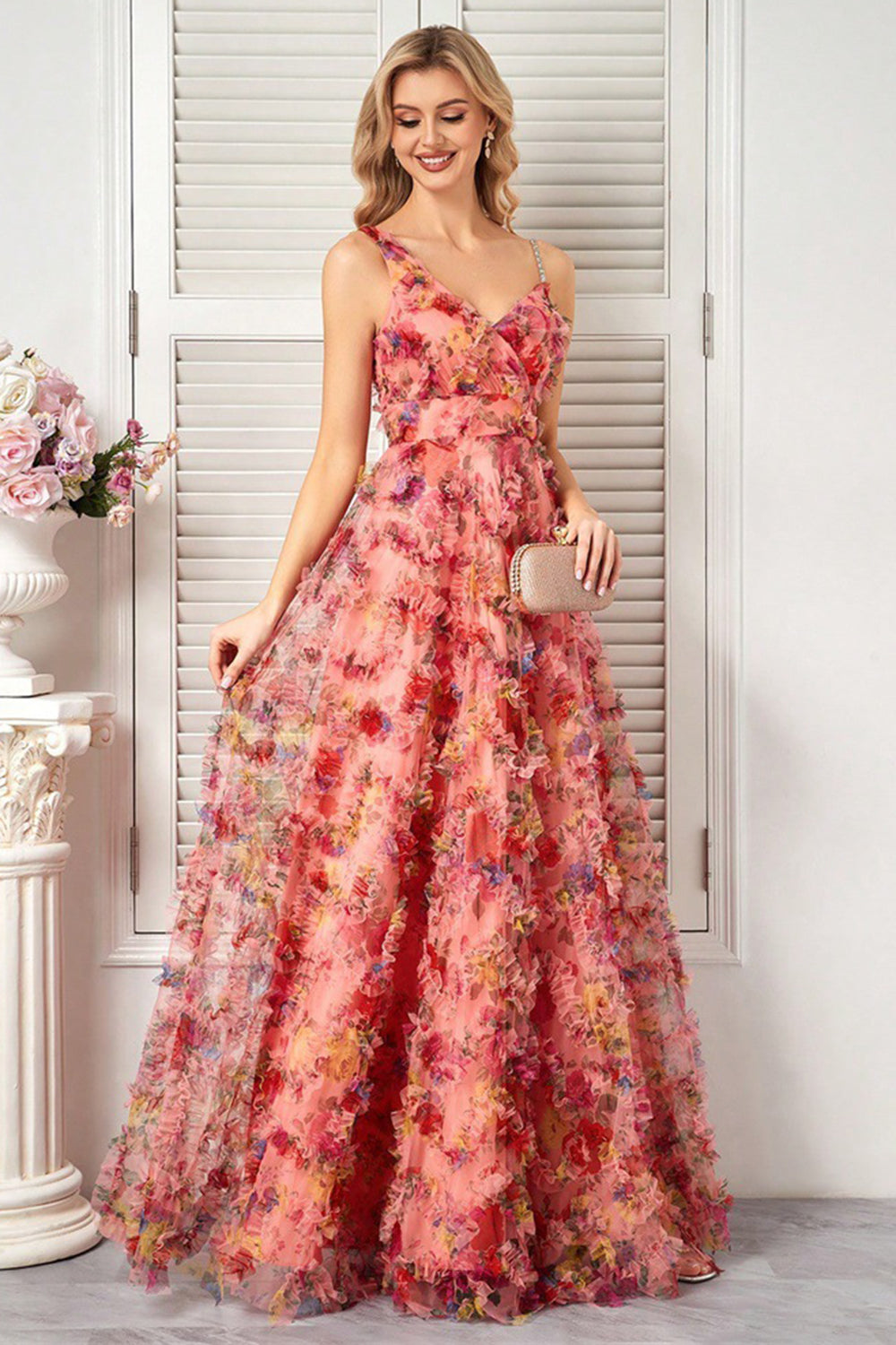 Blush Flower A Line Spaghetti Straps Prom Dress
