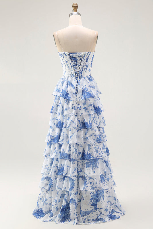 Blue White Flower A-Line Tiered Corset Long Prom Dress with Slit