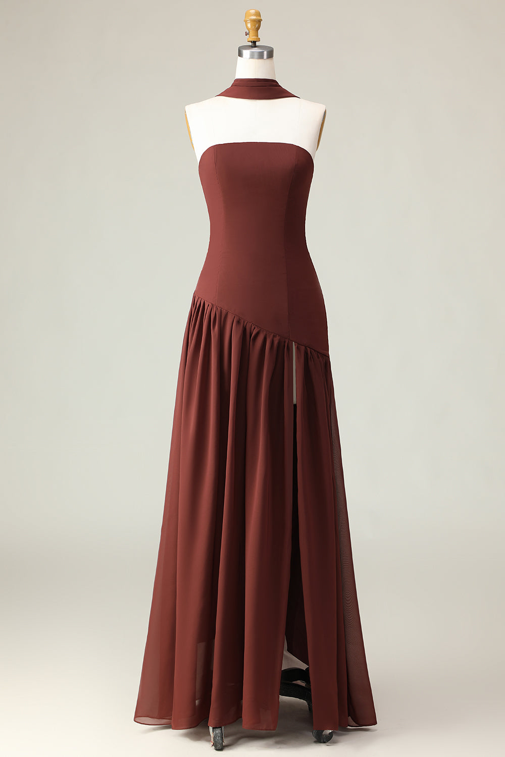 Brown A-Line Strapless Maxi Dress with Scarf