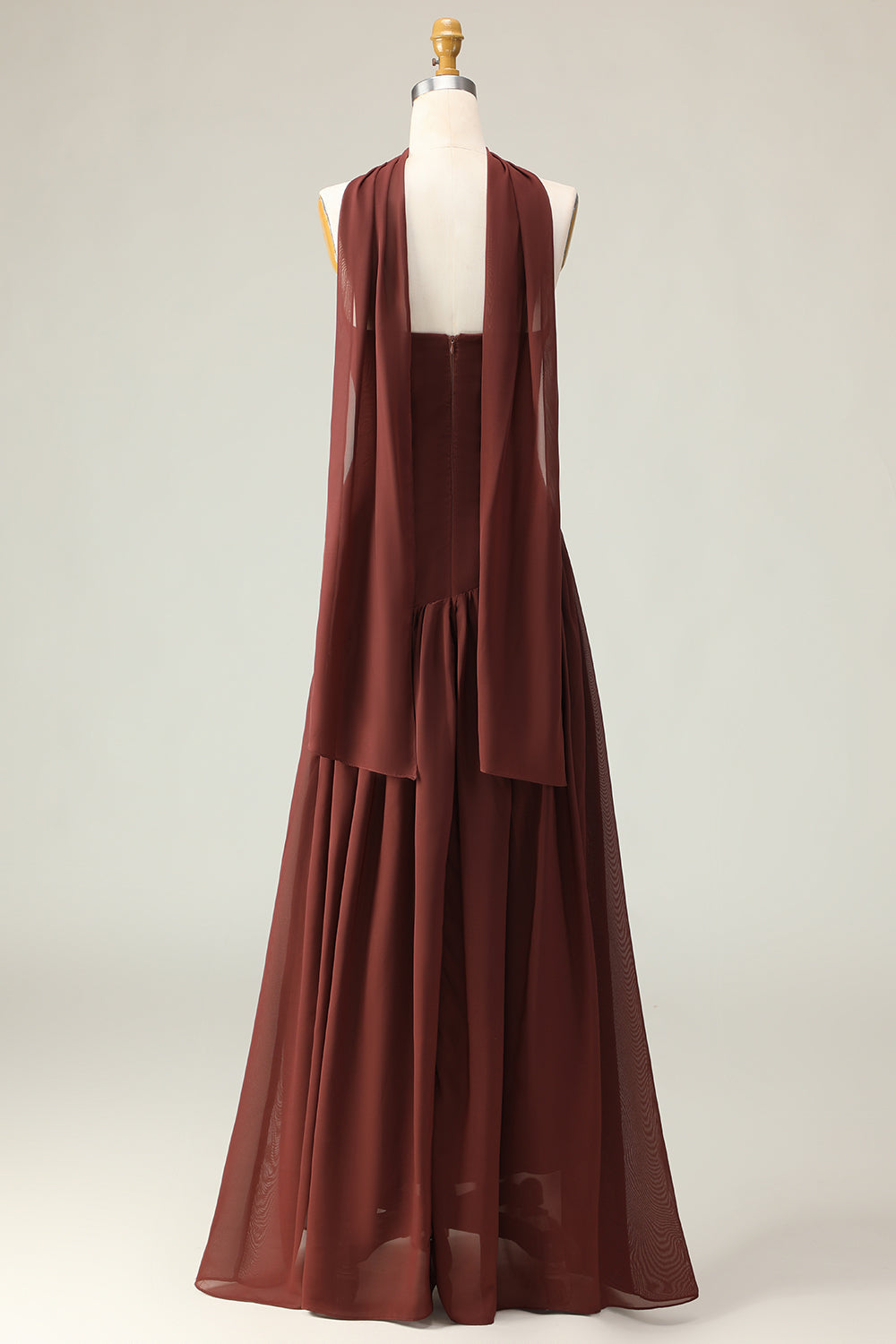 Brown A-Line Strapless Maxi Dress with Scarf