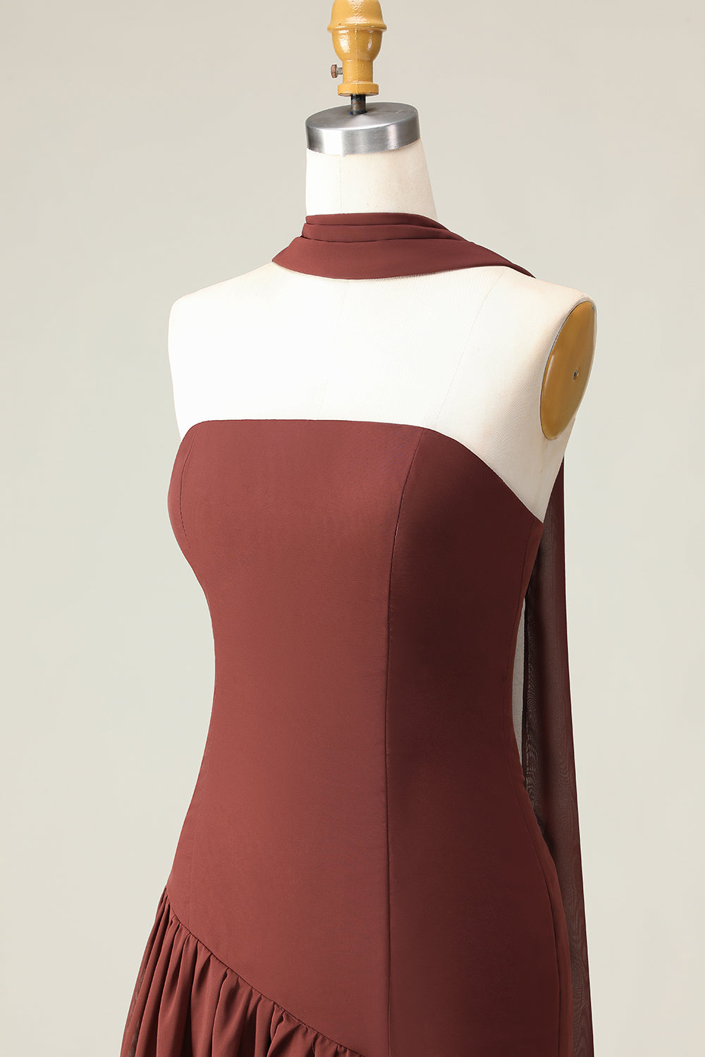 Brown A-Line Strapless Maxi Dress with Scarf