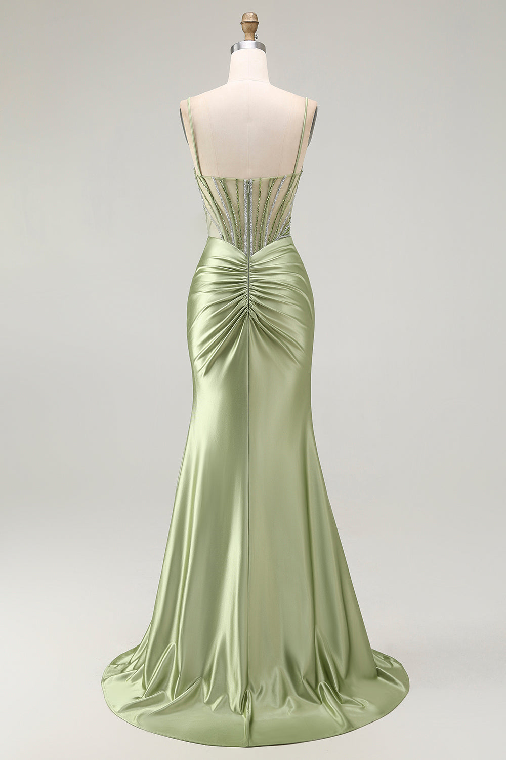 Green Mermaid Corset Ruched Satin Prom Dress with Slit