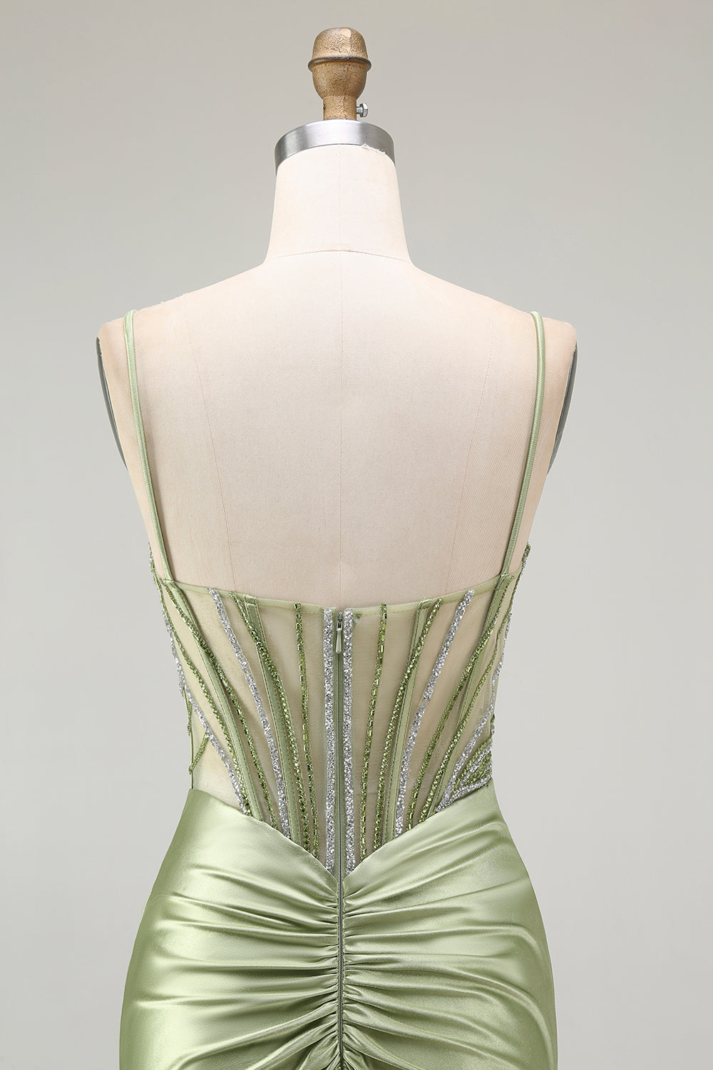 Green Mermaid Corset Ruched Satin Prom Dress with Slit