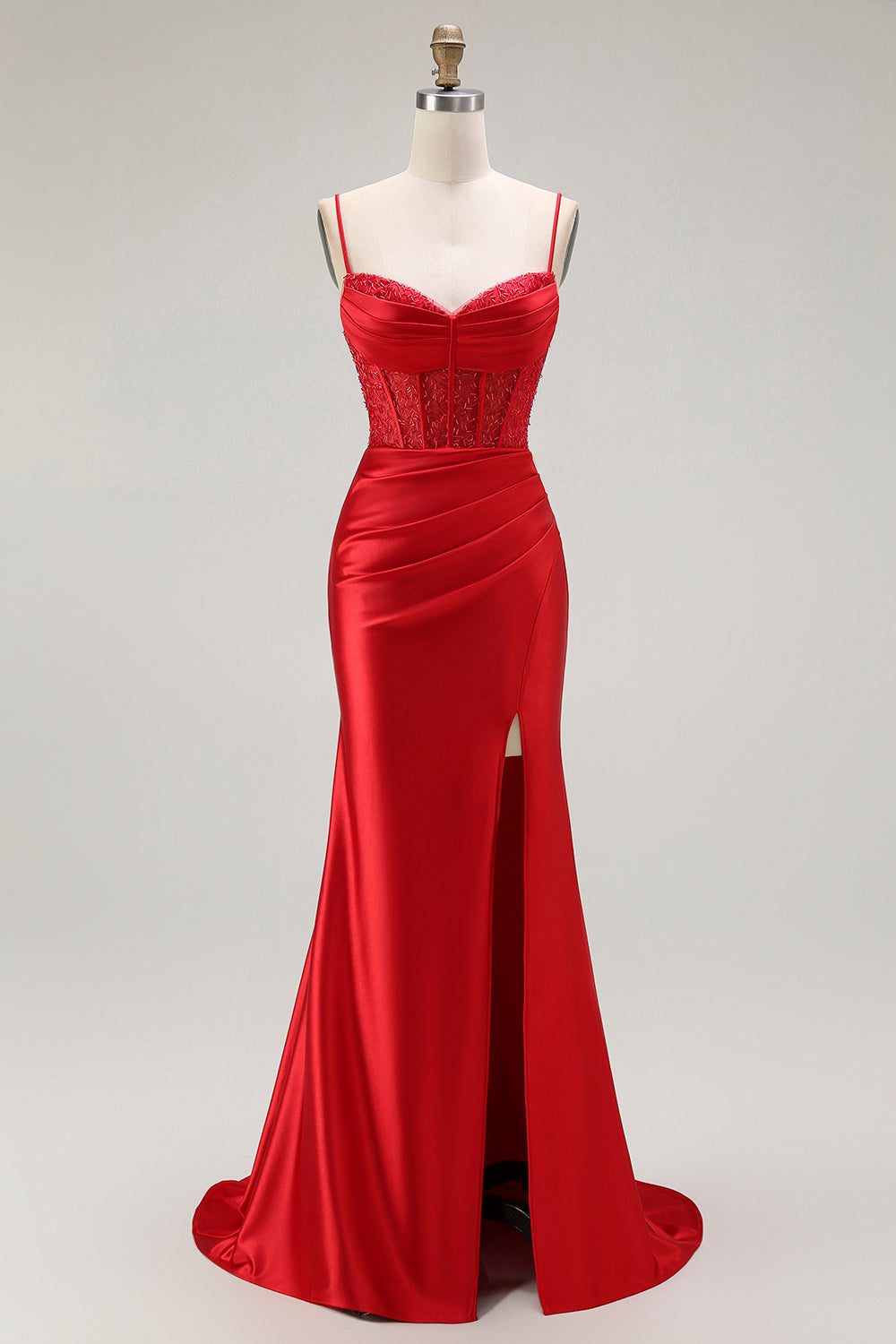 Red Mermaid Spaghetti Straps Corset Pleated Long Prom Dress with Slit