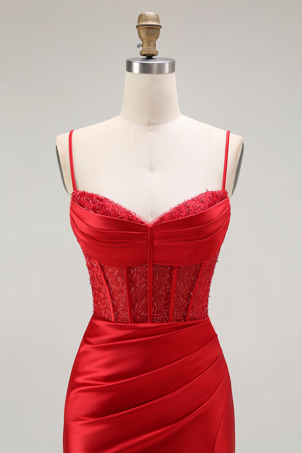 Red Mermaid Spaghetti Straps Corset Pleated Long Prom Dress with Slit